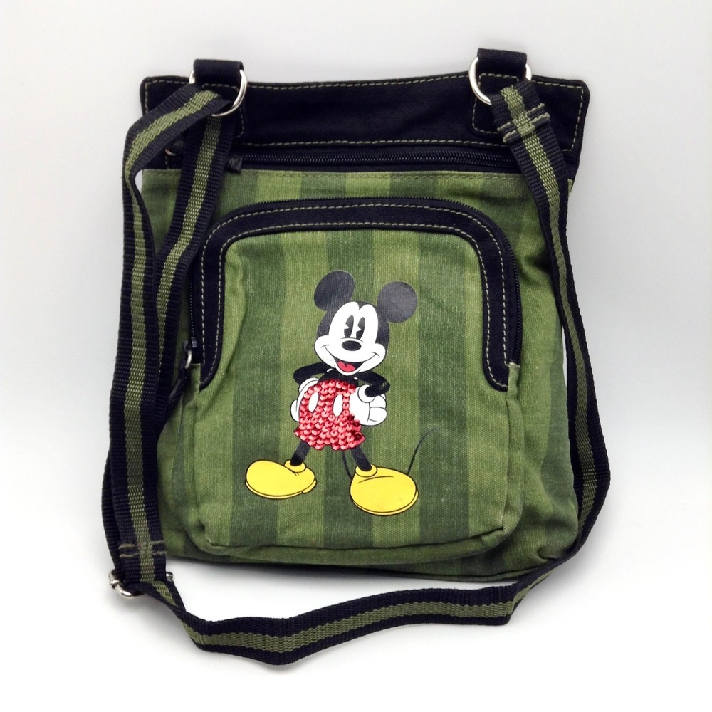 Disney Mickey Mouse Crossbody Bag Green Striped Canvas Purse
